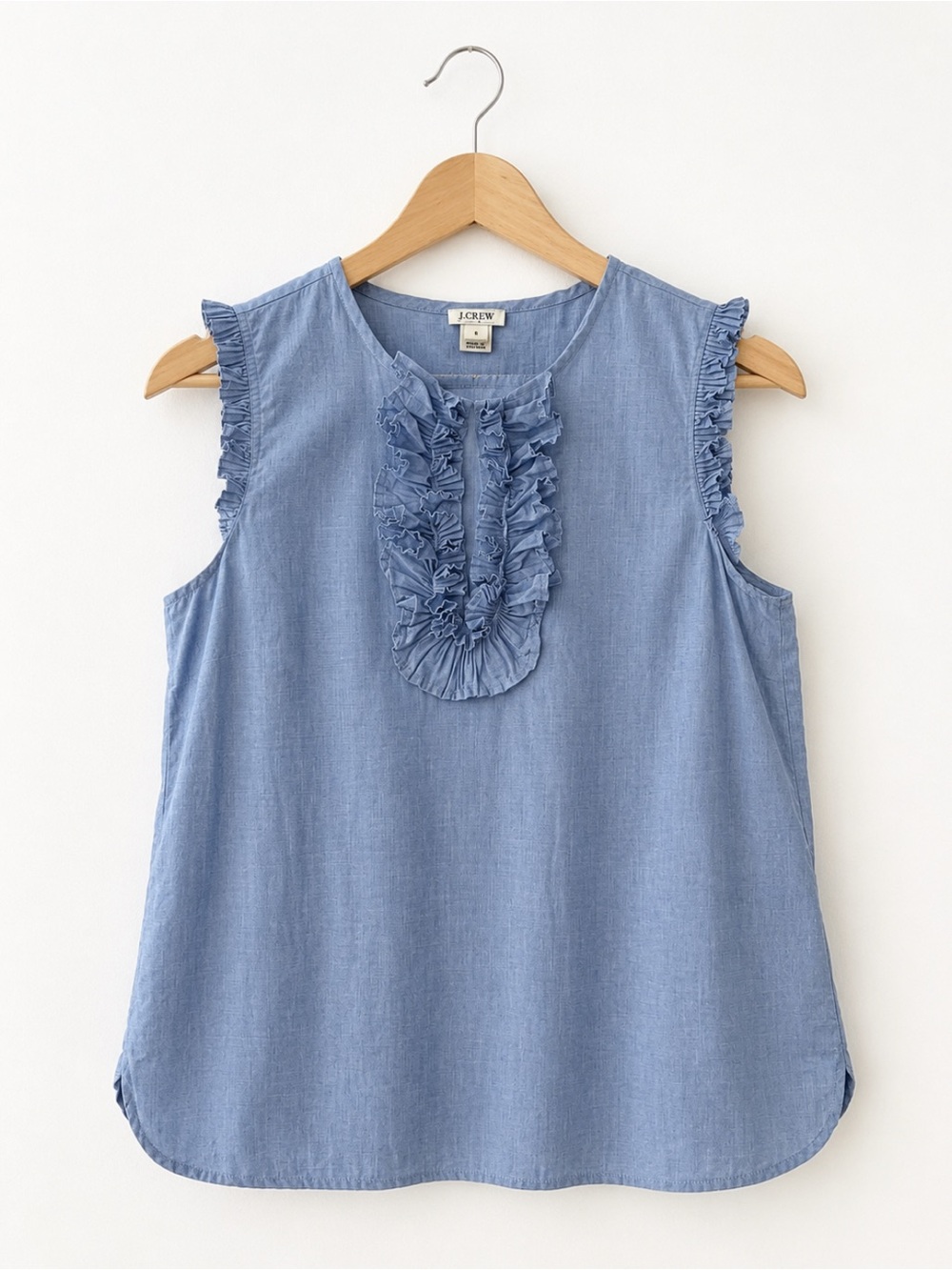 J.Crew End-on-End Ruffle Tank Top Blue Cotton Blouse Size 4